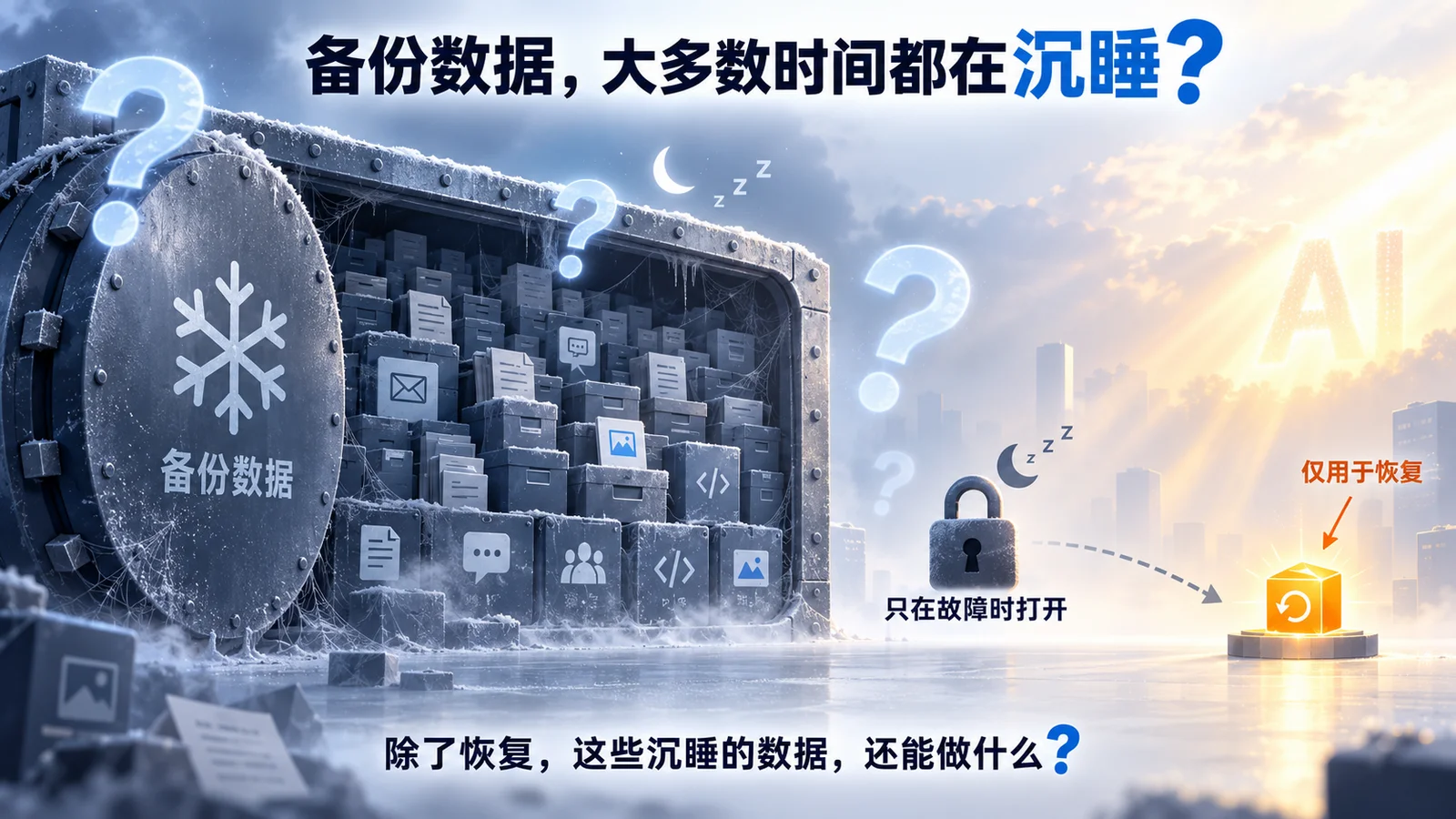 大量备份数据——文档、邮件、聊天、图片、代码——被冻结存放在保险柜般的存储中，长期沉睡，只有在故障发生时才会被打开用于恢复，除此之外几乎从未被使用