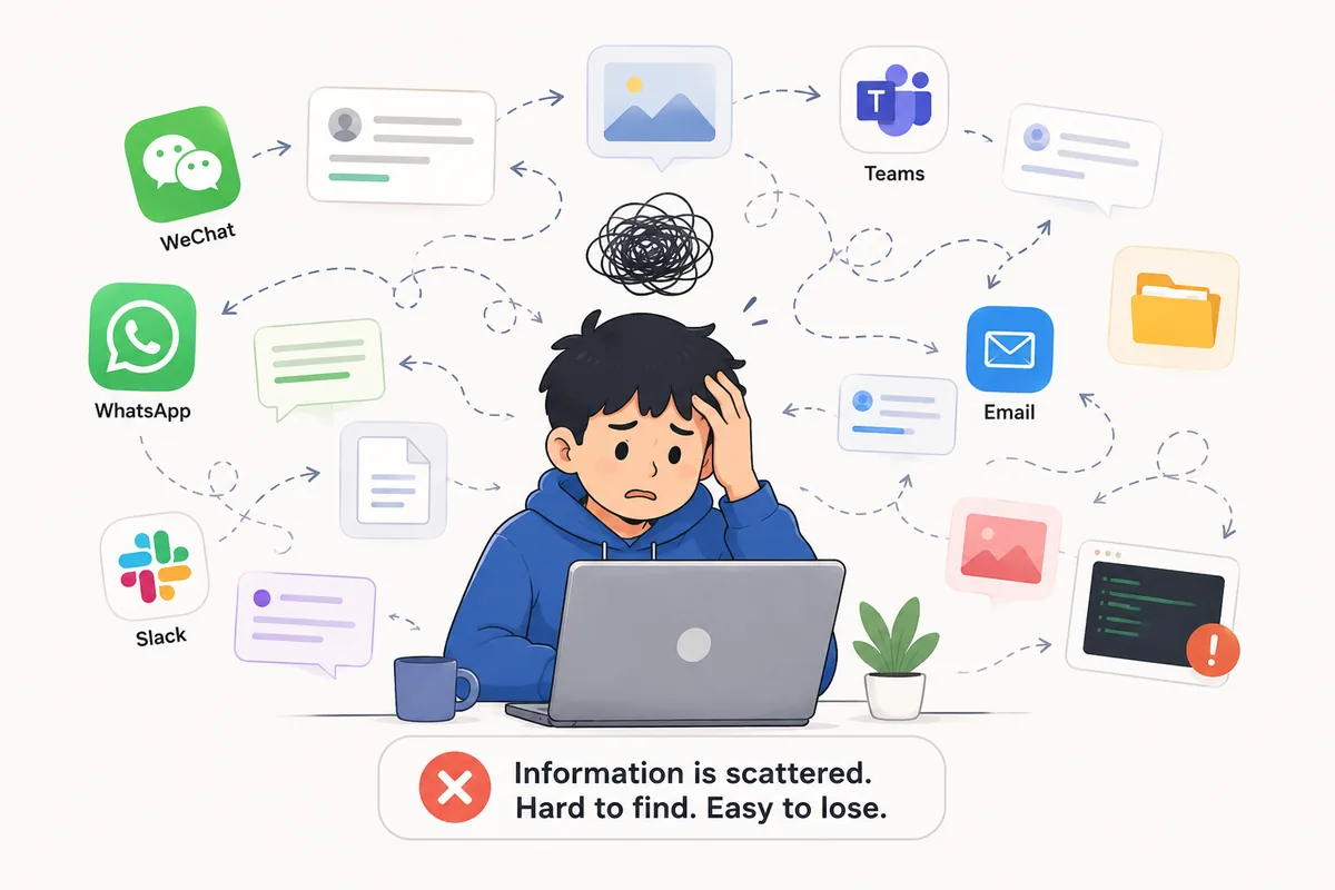 微信、WhatsApp、Slack、Teams、邮件等多个入口,信息四处分散、难以查找、容易丢失