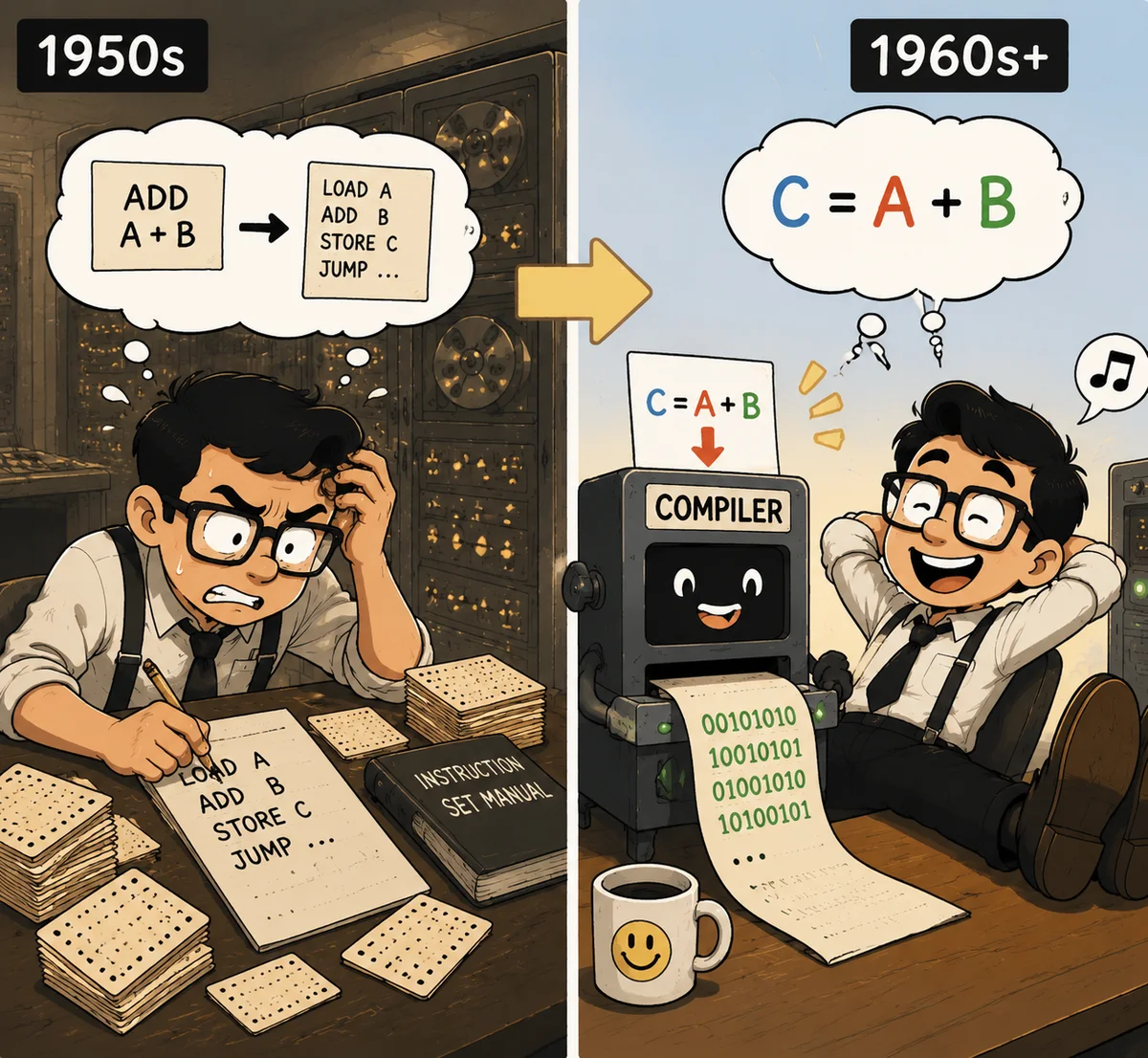 1950s 程序员把 ADD A+B 手工翻译成 LOAD/ADD/STORE/JUMP 指令卡片;1960s+ 程序员只需写 C=A+B,交给 Compiler 自动吐出二进制代码