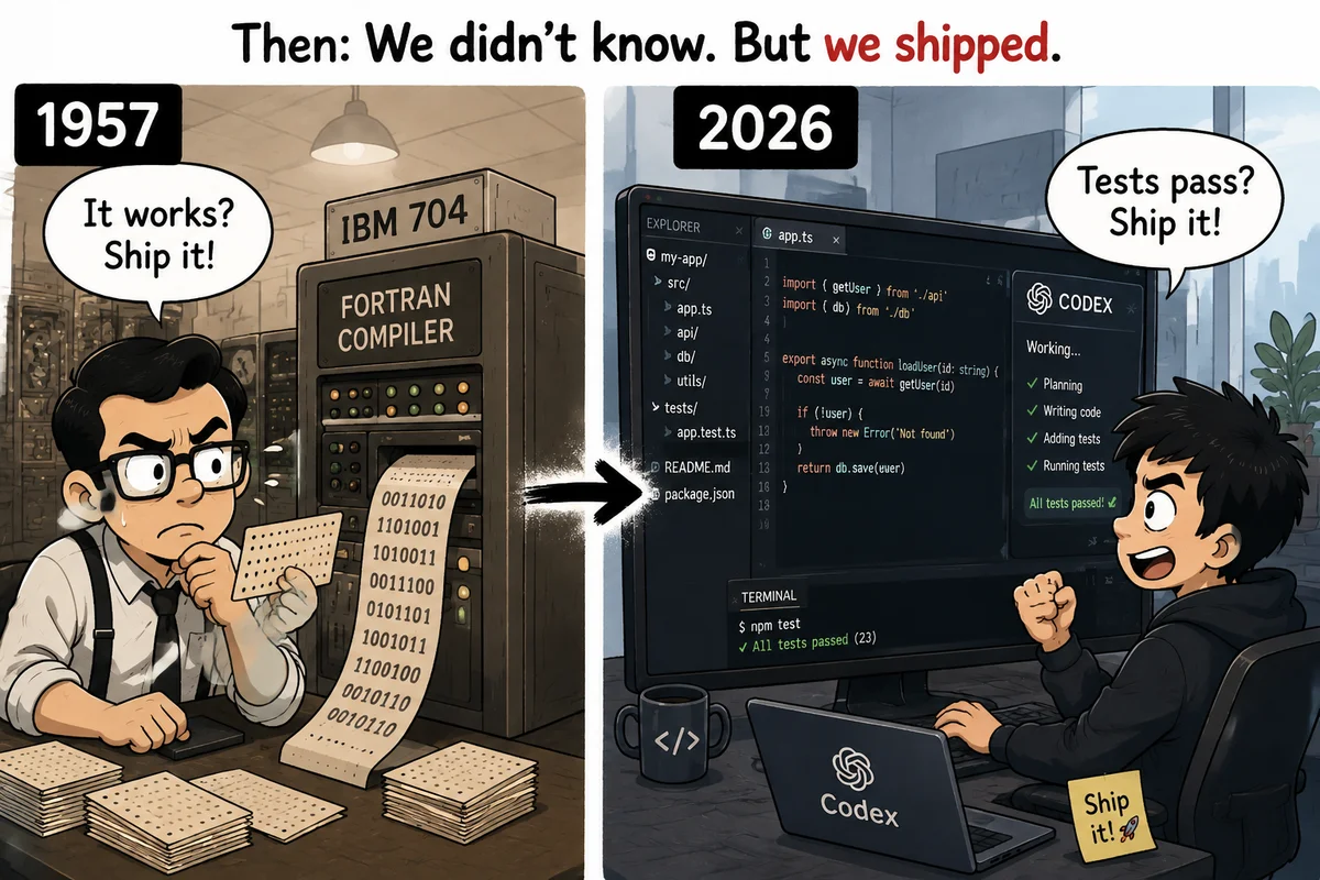 1957 年程序员拿着 FORTRAN Compiler 吐出的纸带,犹豫地问'它真的能用吗?就这么发布?';2026 年程序员看着 Codex 跑完测试,喊出'测试都过了?发布!'