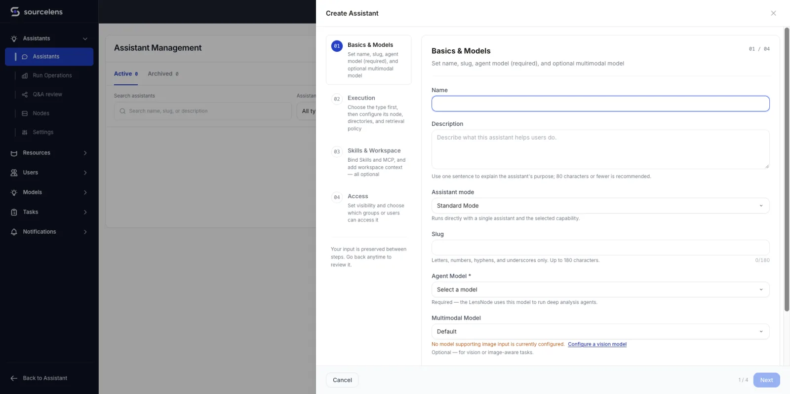 New assistant wizard step one, setting name, description, assistant mode, slug, agent model, and multimodal model